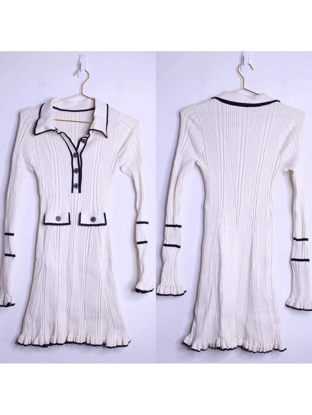 Cream Knit Long Sleeve Mini Dress - Medium